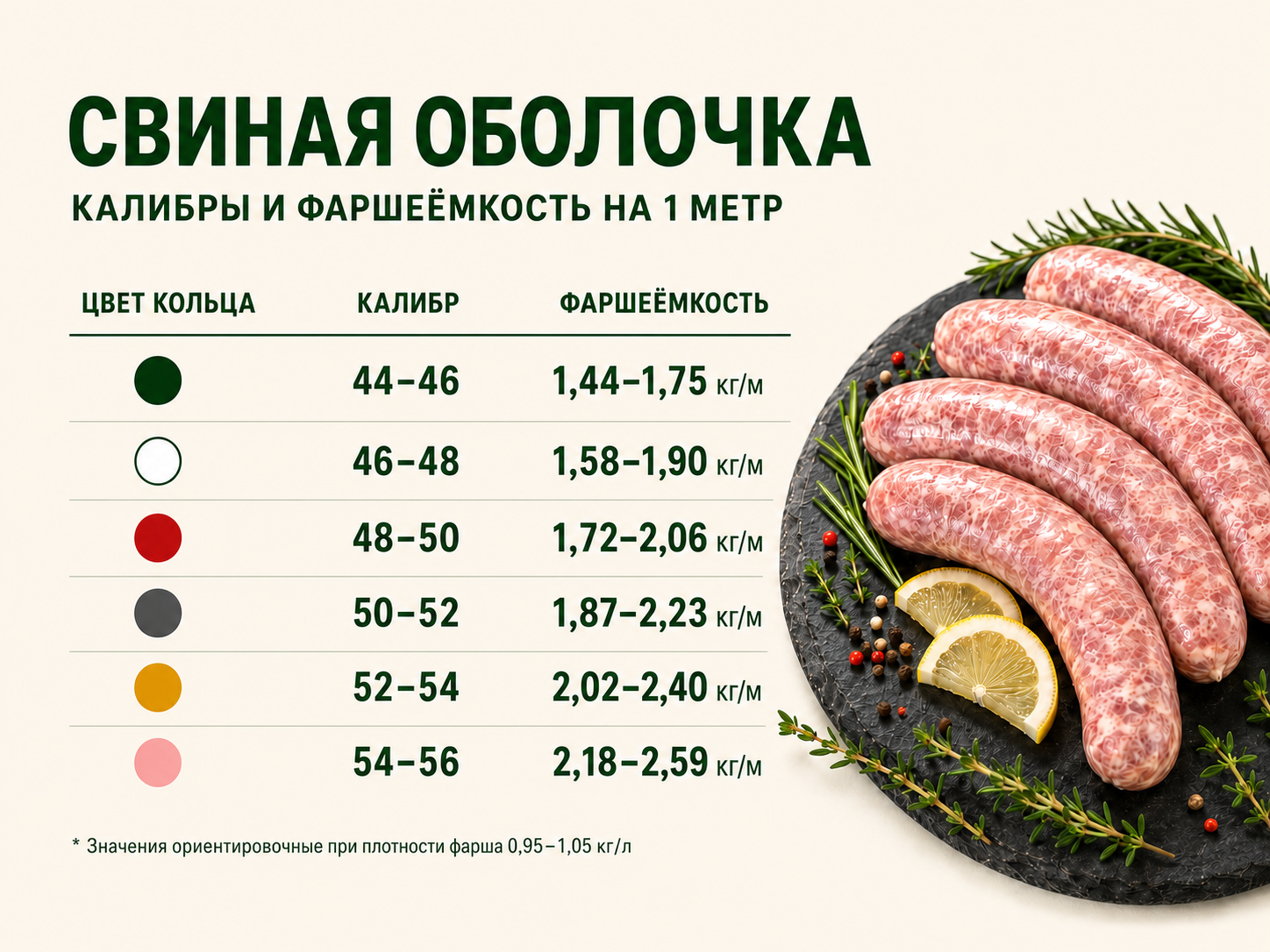 Сколько фарша помещается в свиную череву разных калибров